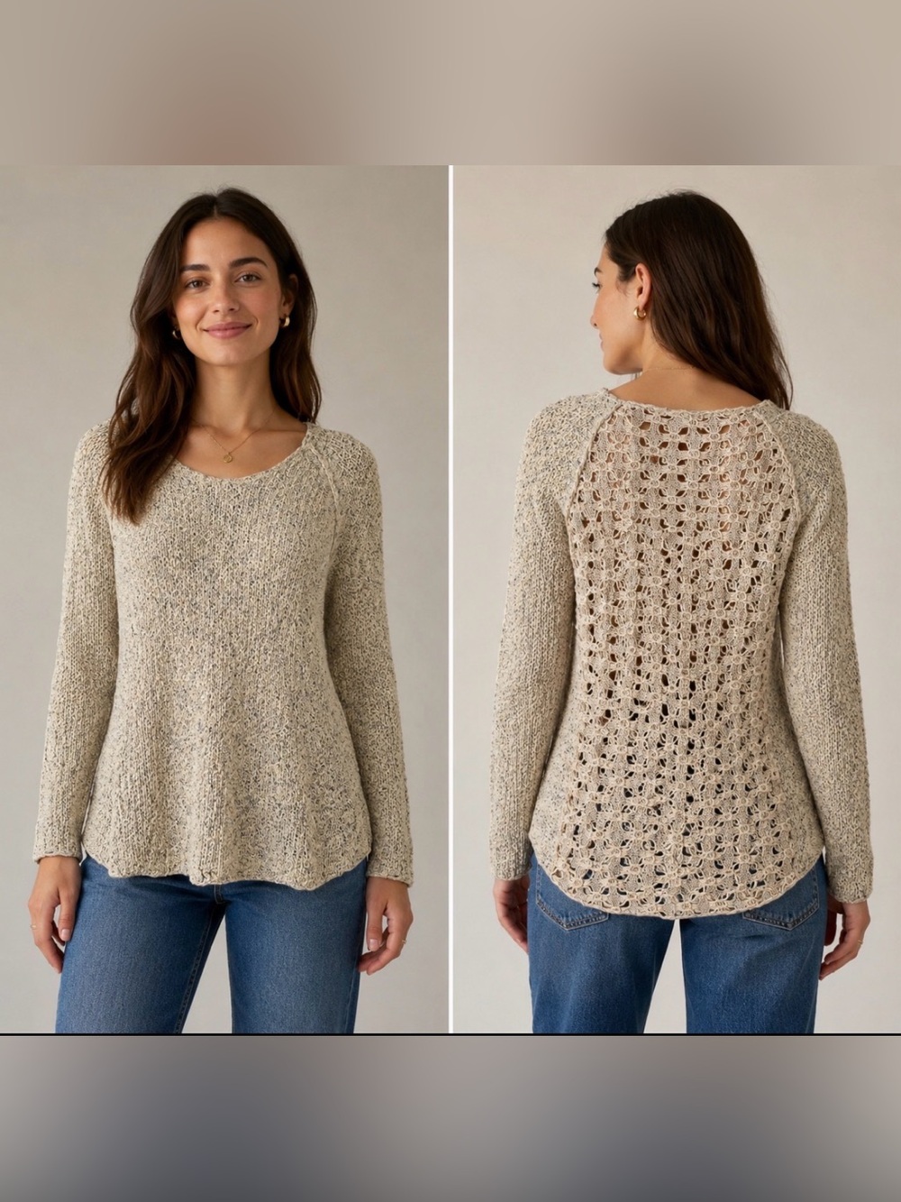 Poof Women Pullover Sweater Open Knitted V Neck Long Sleeves Ivory Size M